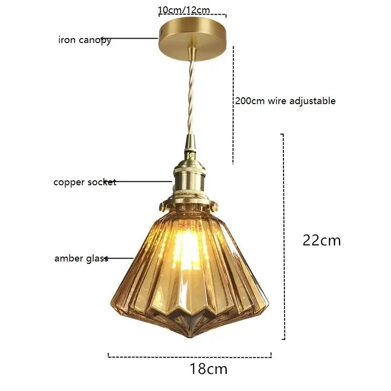 Modern diamond amber glass led pendant light with brass iron canopy copper socket and fluted amber glass shade for dining room