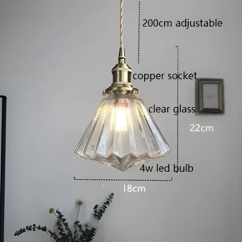 Modern diamond amber glass led pendant light with faceted clear glass shade and brass copper socket for dining room lighting