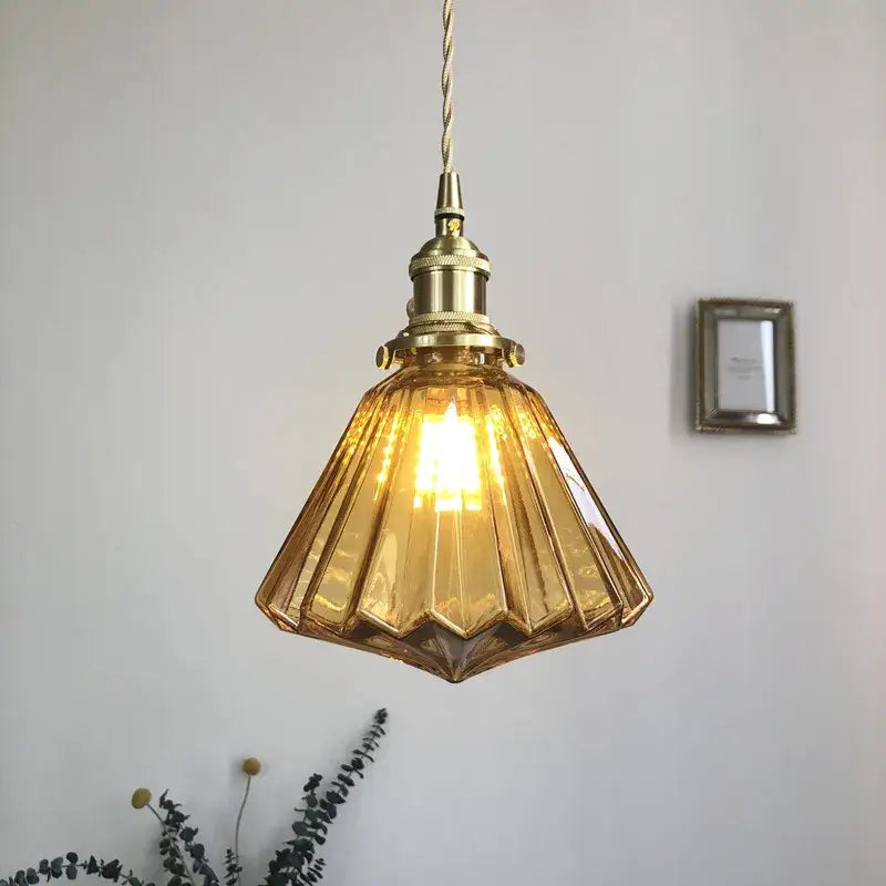 Modern diamond amber glass led pendant light with warm amber glass and brass fixture for dining room lighting