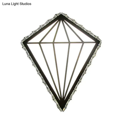 Modern diamond white wall light with black frame and clear crystal accents providing warm white light bulb base