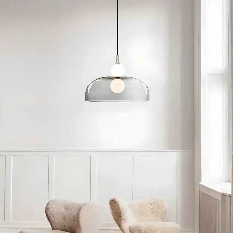 Modern pendant light with translucent gray glass dome and double balls glass chandelier design suspended by black cord
