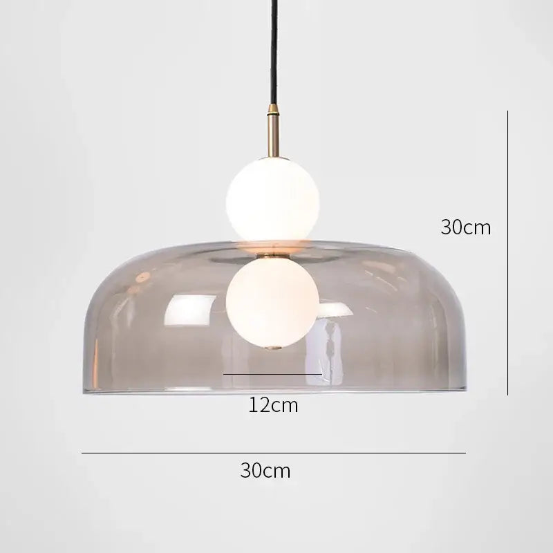 Modern double balls glass chandelier pendant light with translucent gray dome and two glowing white bulbs suspended by black cord