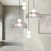 Modern double balls glass chandelier pendant light with frosted glass domes and white bulbs suspended by black cords
