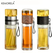 Three kemorela modern double layer glass tea infuser bottles with stainless steel wood and leather accents for kitchen use