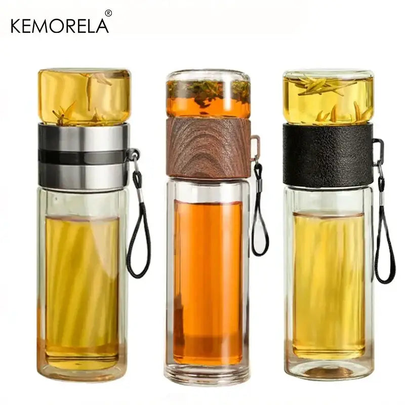 Three kemorela modern double layer glass tea infuser bottles with stainless steel wood and leather accents for kitchen use