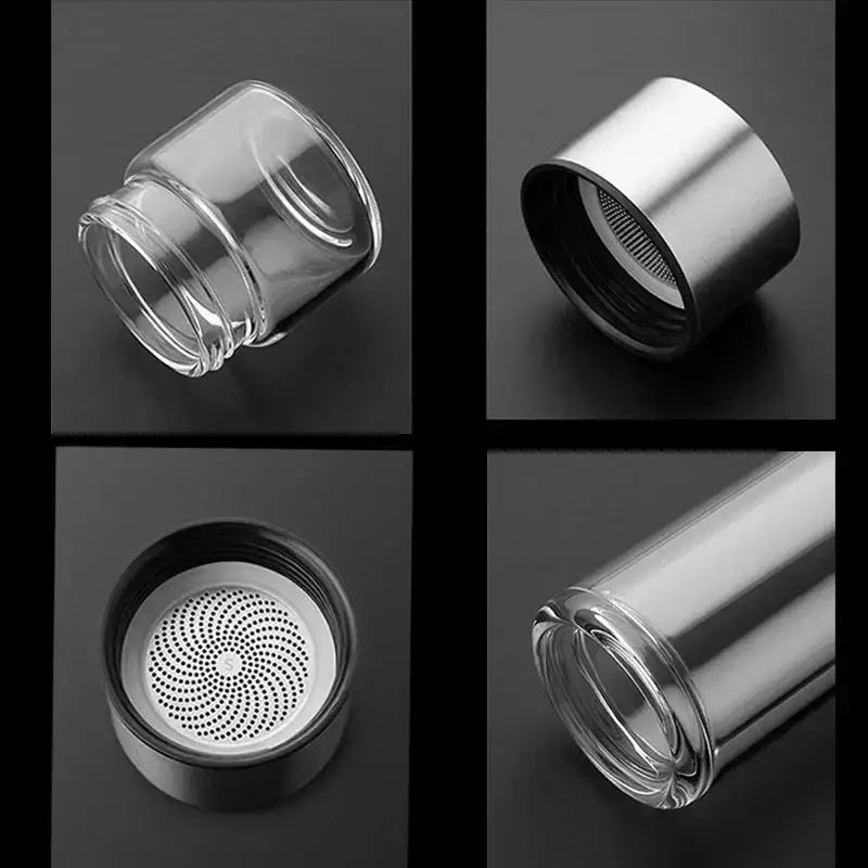 Modern double layer clear glass tea infuser bottle with stainless steel lid and perforated filter for kitchen use