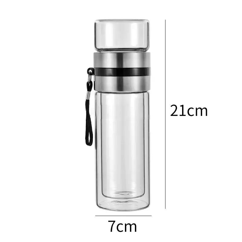 Modern double layer glass tea infuser bottle with clear double-walled glass, stainless steel lid, and black strap