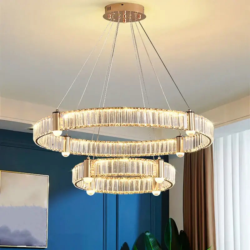 Modern double ring crystal ceiling chandelier with clear crystal rods and warm led lights by decorbites crystal ceiling