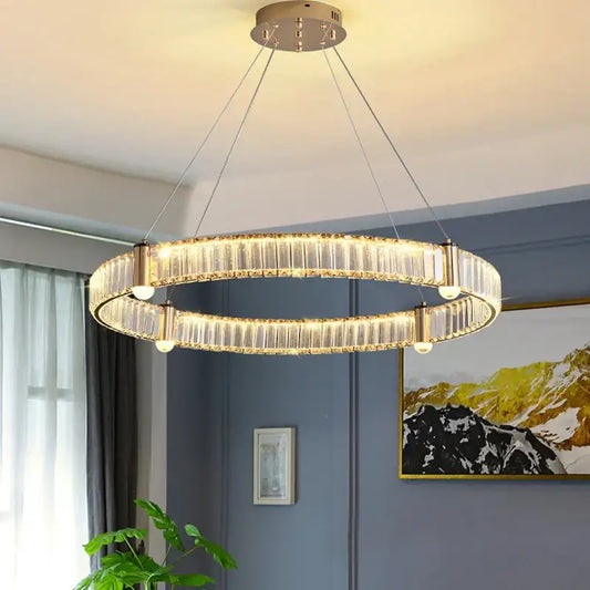 Modern double ring crystal ceiling chandelier with clear crystal rods and warm led lighting by decorbites crystal ceiling