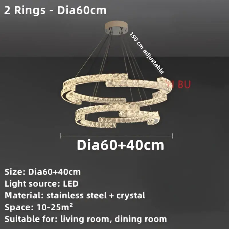 A modern decorbites crystal ceiling chandelier with two-tiered stainless steel interlocking rings and sparkling crystals