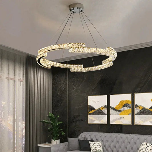 Modern double ring decorbites crystal ceiling chandelier with sleek metallic finish and embedded led lights for living room