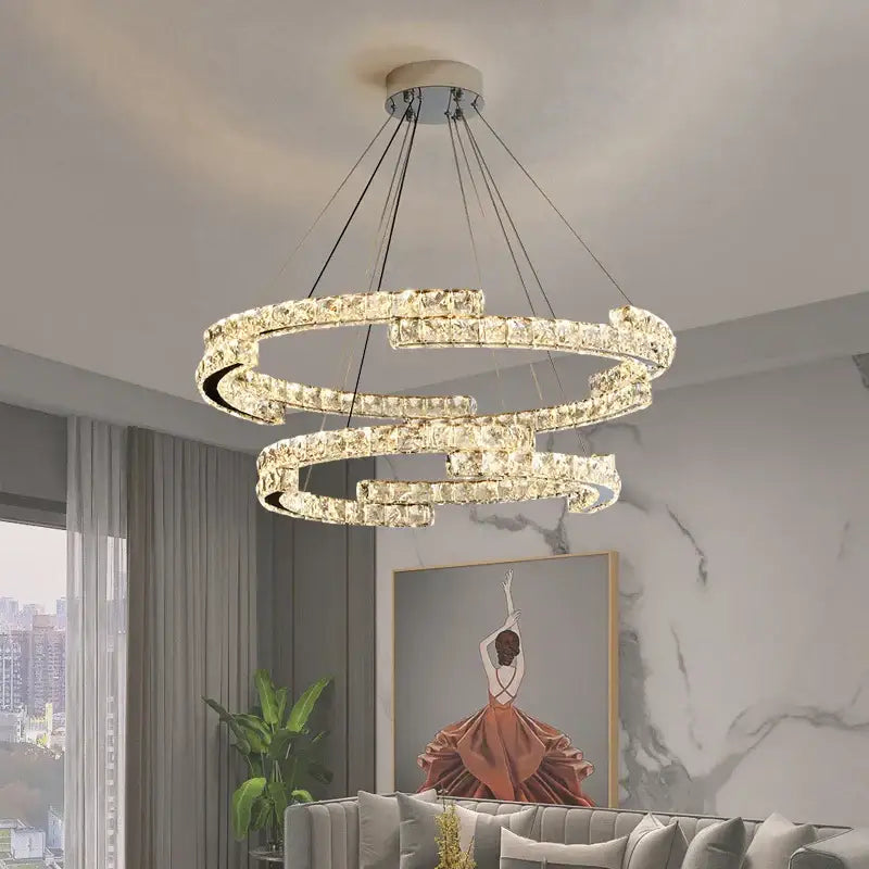 Modern double ring decorbites crystal ceiling chandelier with clear faceted crystals and sleek chrome frame for living room