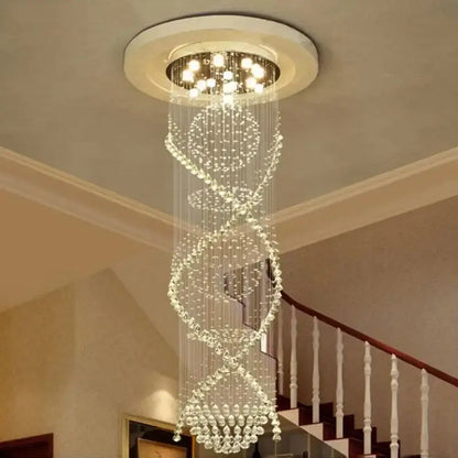 Modern double spiral crystal chandelier with clear glass beads and embedded lights for hotel and villa living room use