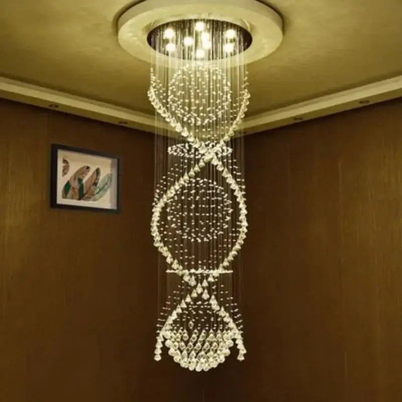 Modern double spiral crystal chandelier with clear glass beads and embedded lights for hotel and villa living room