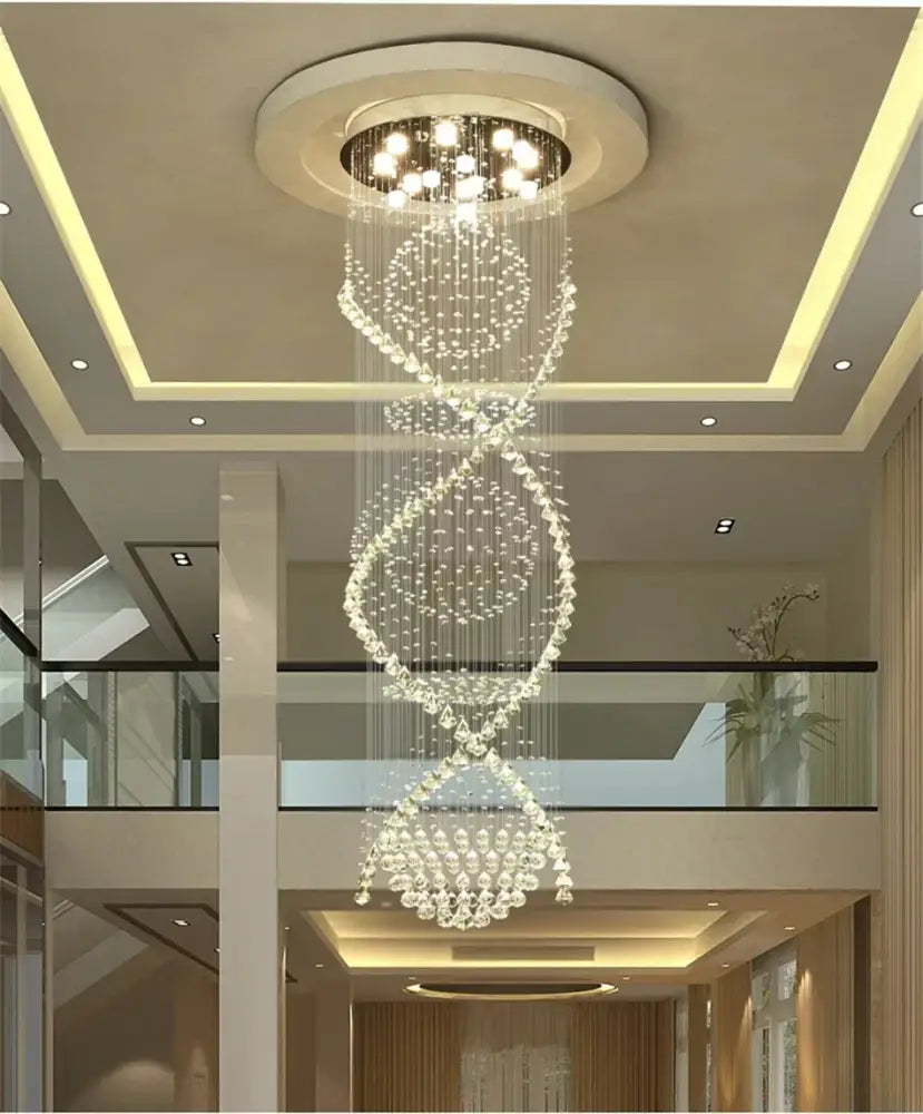 Modern double spiral crystal chandelier with clear glass beads and warm lights designed as a dna double helix