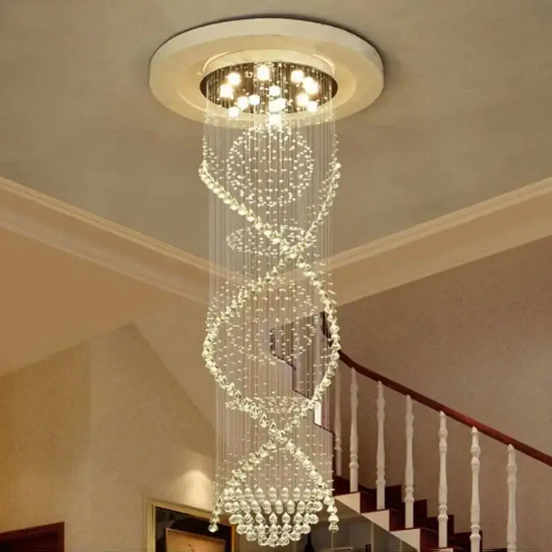 Modern double spiral crystal chandelier with clear glass beads and embedded lights for hotel villa staircase lighting