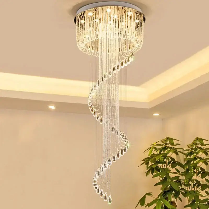 Modern double spiral staircase crystal ceiling chandelier with cascading clear crystal droplets and chrome base