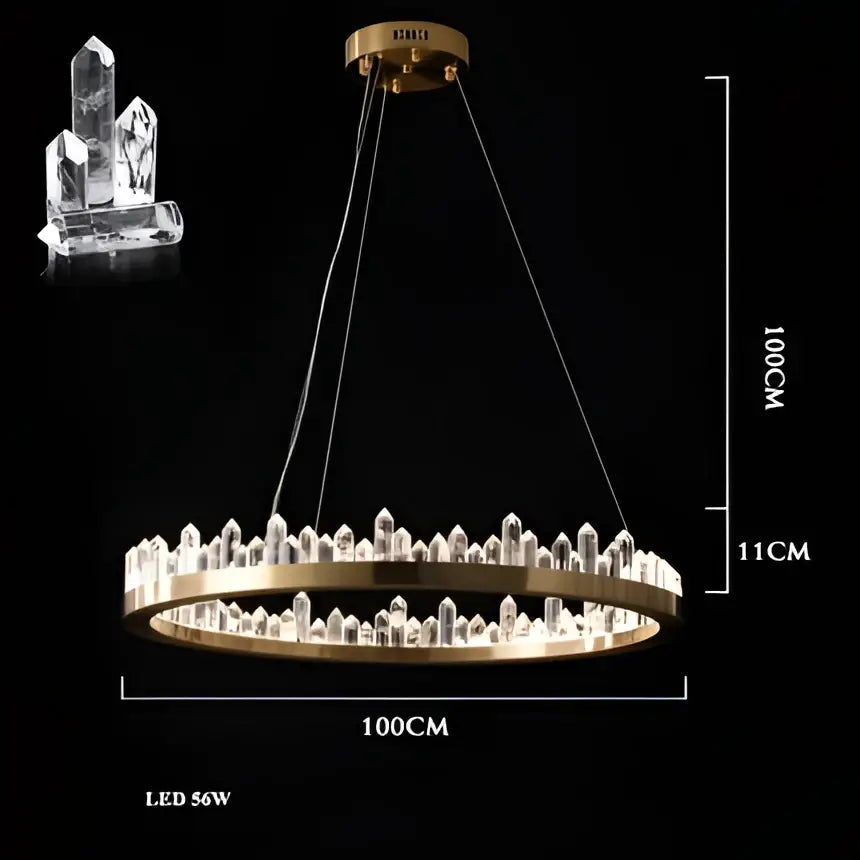 Modern double tier gold dimmalbe led crystal high ceiling chandelier with gold-toned circular frame and clear crystal spikes