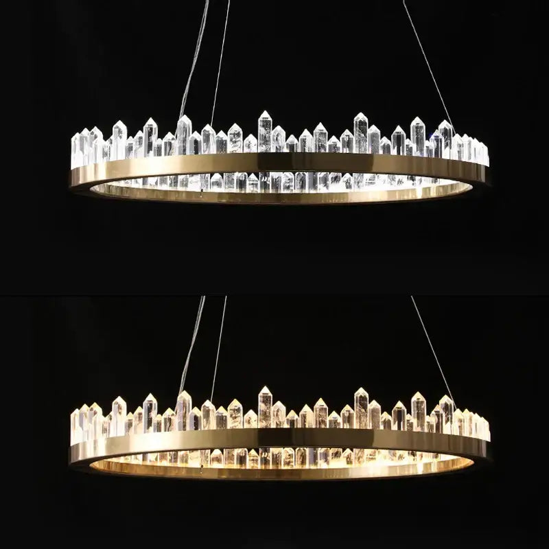 Modern double tier gold dimmalbe led crystal high ceiling chandelier with metal frame and clear faceted crystal points