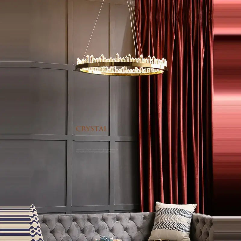 Modern double tier gold dimmalbe led crystal high ceiling chandelier with a gold frame and clear faceted crystals ring decorbites dimmalbe led