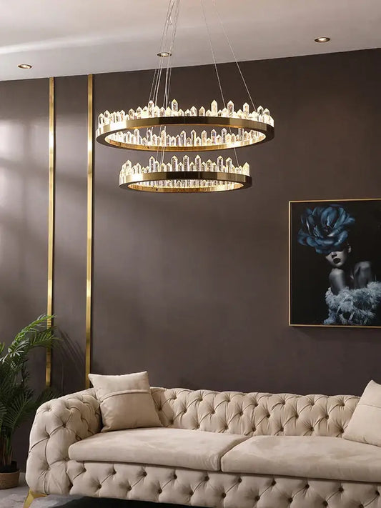 Modern double tier gold dimmalbe led crystal high ceiling chandelier with clear crystal pendant elements and gold frames