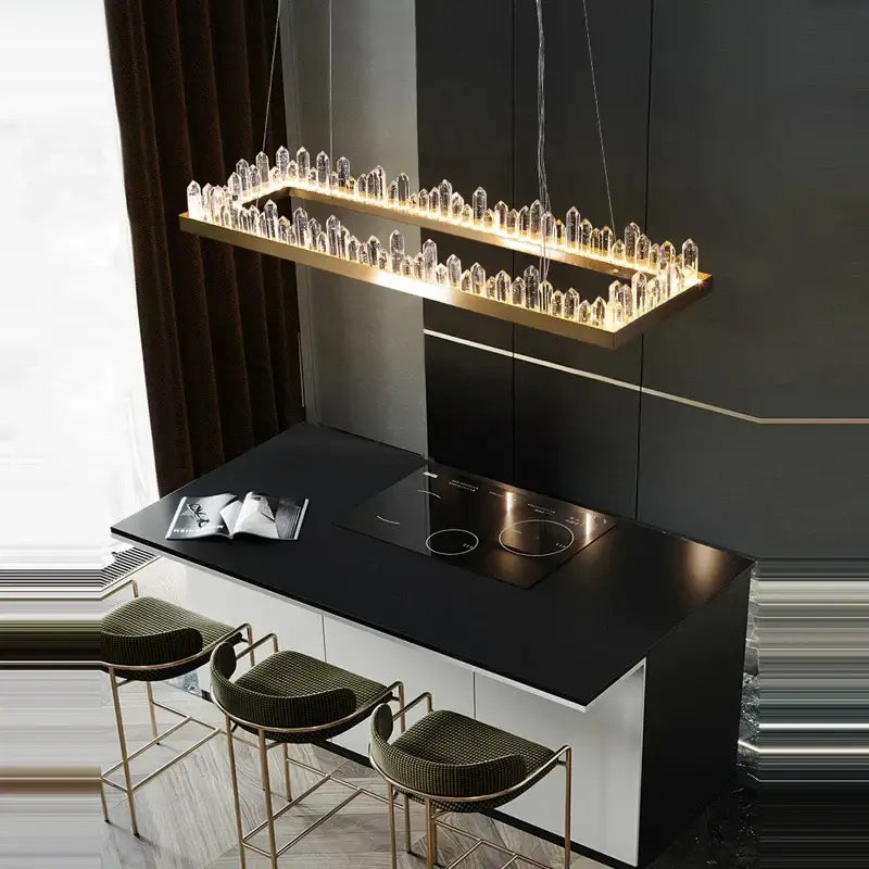 Modern double tier gold dimmalbe led crystal high ceiling chandelier with a rectangular frame and faceted clear crystals