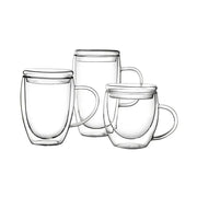 Set of three clear double wall beer whiskey wine glass mugs with lids and handles for modern kitchen use