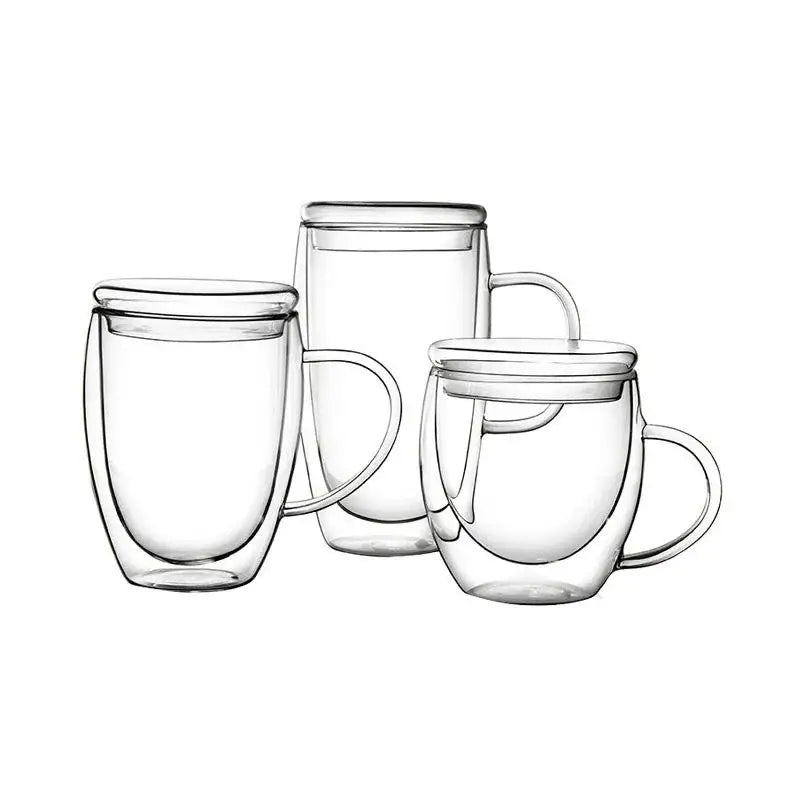 Set of three clear double wall beer whiskey wine glass mugs with lids and handles for modern kitchen use