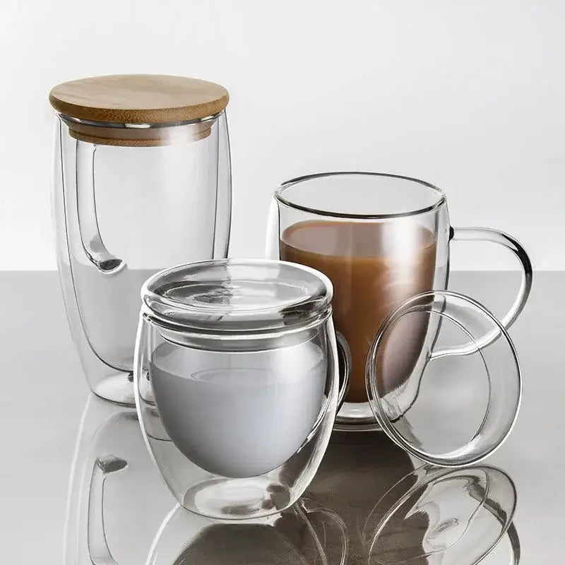 Clear double wall beer whiskey wine glass mugs with handles and lids including one with a bamboo lid for kitchen use