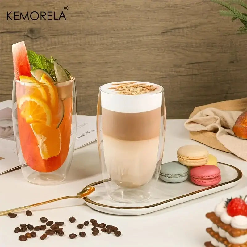 Clear double wall glass coffee mugs with sleek modern design for kitchen insulated tumbler set