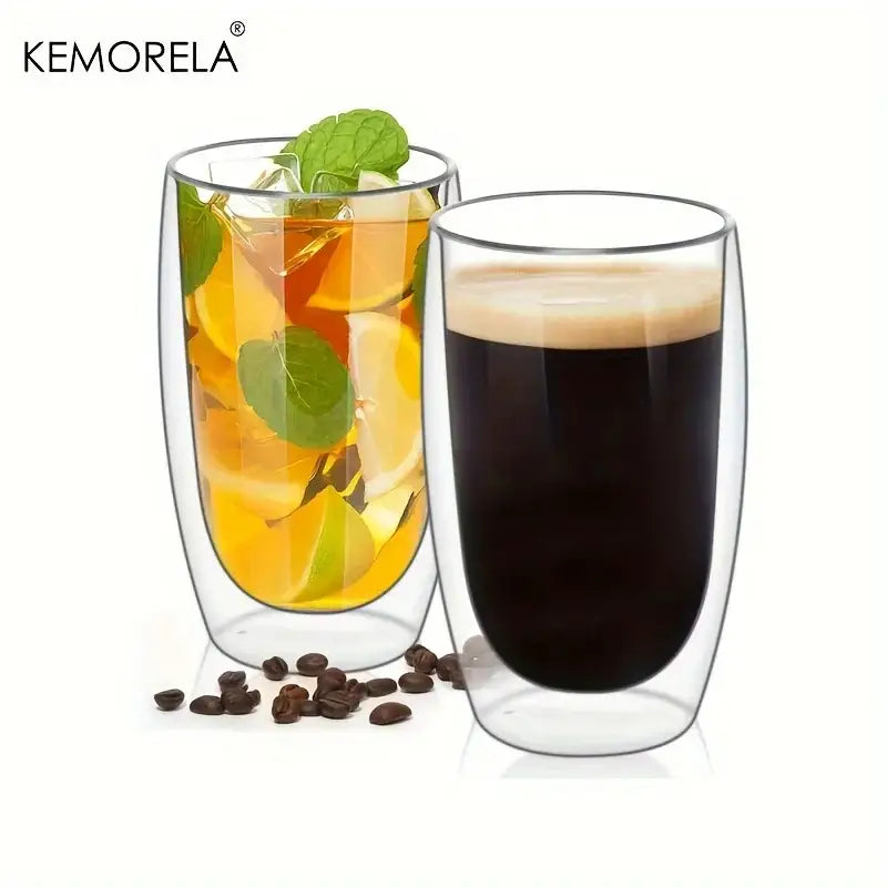 Clear double wall glass coffee mugs with sleek modern design for insulated kitchen use in a tumbler set