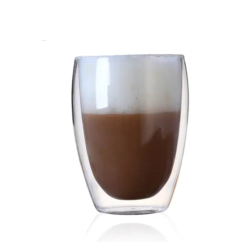 Clear double wall glass coffee mug filled with layered coffee from modern insulated glass coffee mugs set