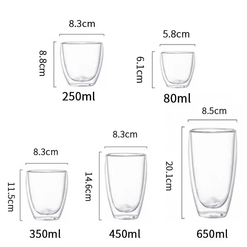 Clear modern double wall glass coffee mugs set in various sizes featuring insulated transparent glass tumblers for kitchen use