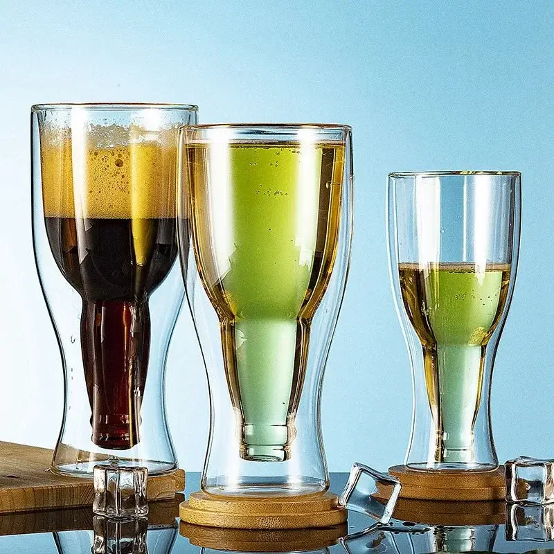Modern double wall mug beer and wine glass dining room set with three double wall bottle-shaped glasses on wooden coasters