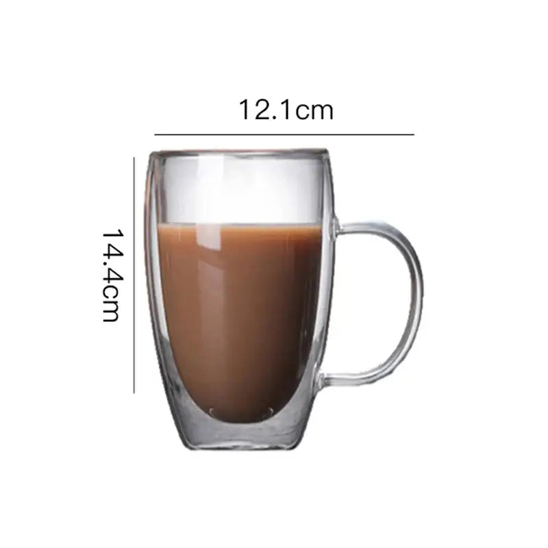 Modern double walled transparent glass cup filled with brown liquid featuring a clear glass cup with handle for kitchen use