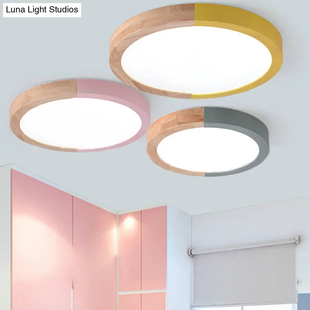 DecorBites™ DecorBites™ Modern Drum Flush Mount Light with Wood and Acrylic Shade for Kids Bedroom