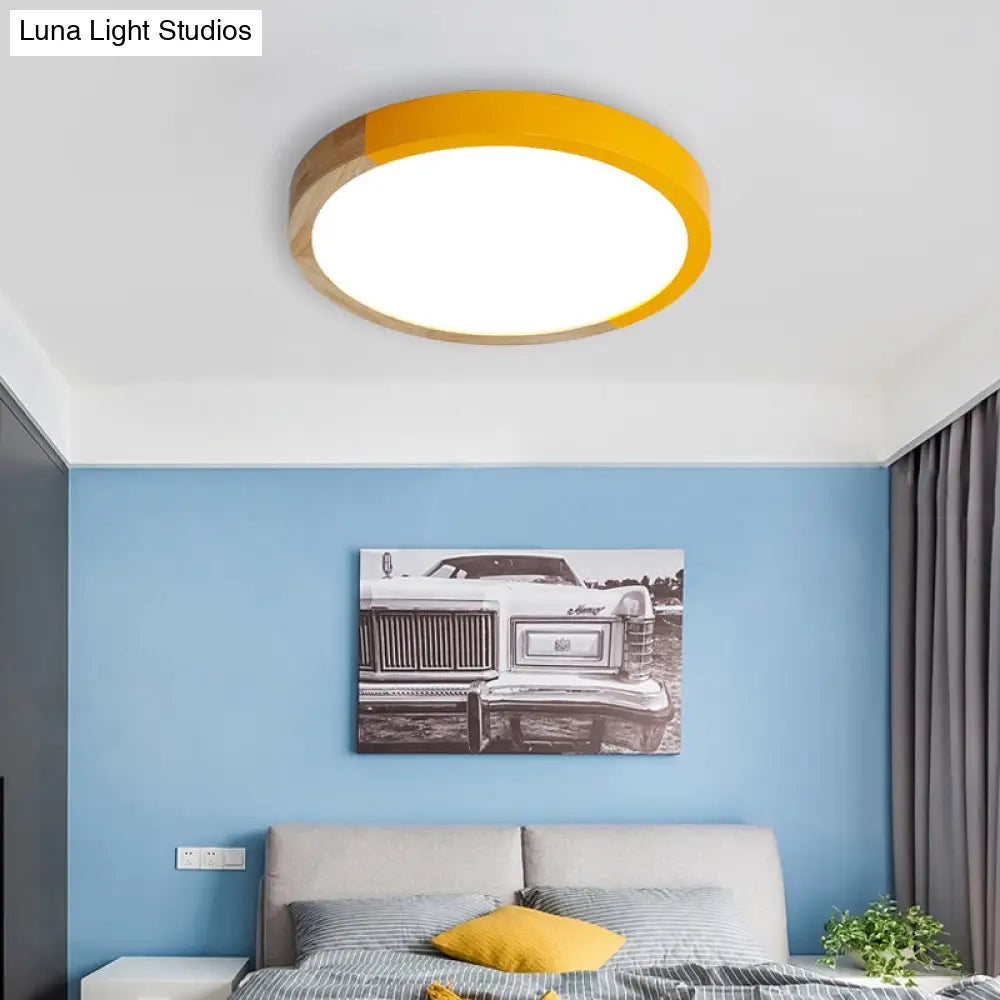 DecorBites™ DecorBites™ Modern Drum Flush Mount Light with Wood and Acrylic Shade for Kids Bedroom