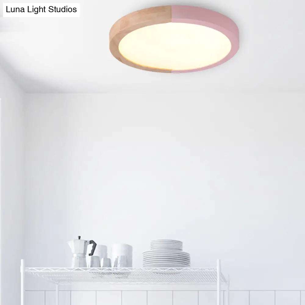 DecorBites™ DecorBites™ Modern Drum Flush Mount Light with Wood and Acrylic Shade for Kids Bedroom