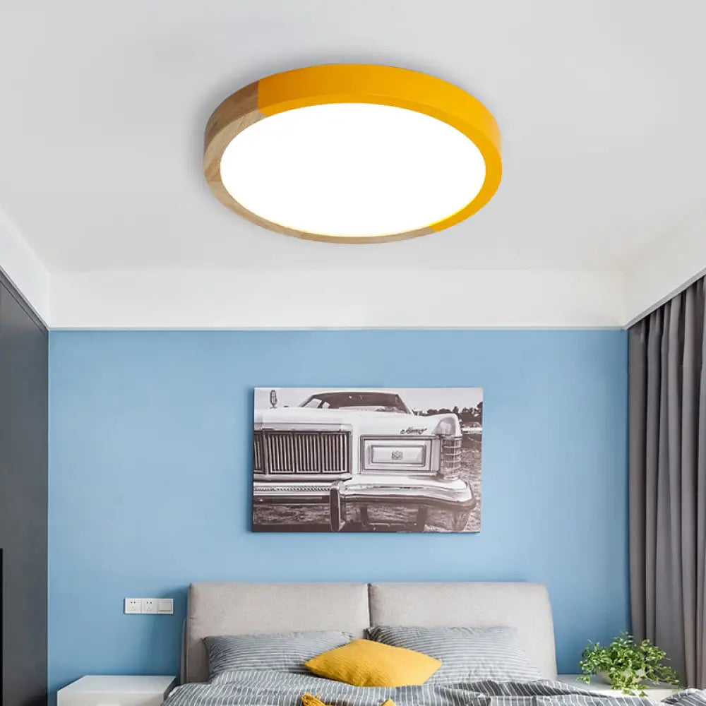 DecorBites™ DecorBites™ Modern Drum Flush Mount Light with Wood and Acrylic Shade for Kids Bedroom