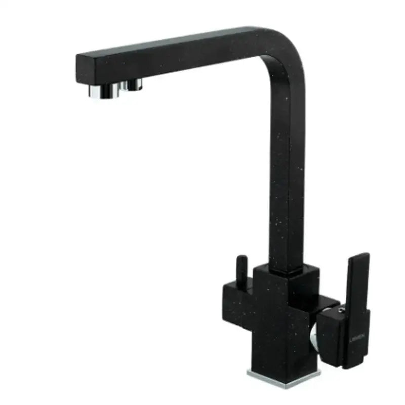 Modern dual outlet gold kitchen faucet with black speckled stone effect and chrome accents by decorbites dual outlet