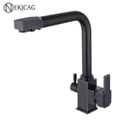 Black matte decorbites dual outlet kitchen faucet with modern geometric design and dual handles for purified water use