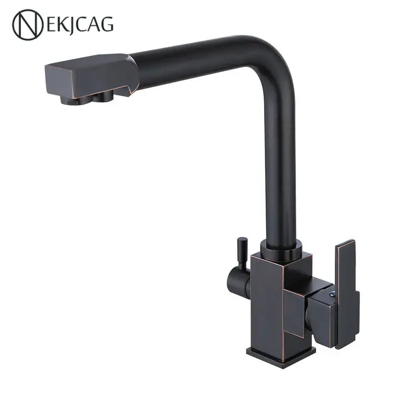 Black matte decorbites dual outlet kitchen faucet with modern geometric design and dual handles for purified water use