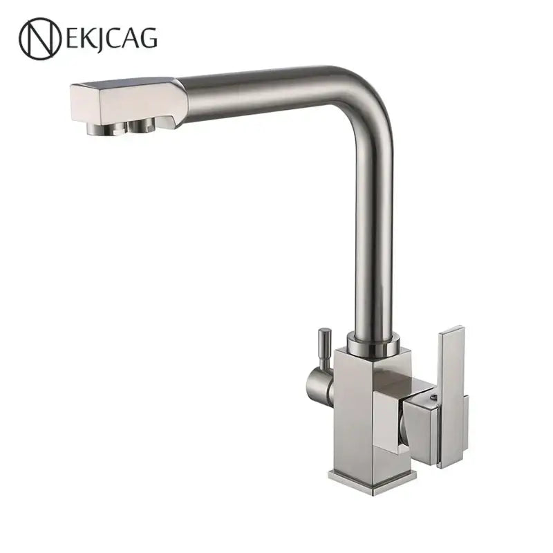 Modern dual outlet gold kitchen faucet with brushed stainless steel finish sleek angular design and dual handles