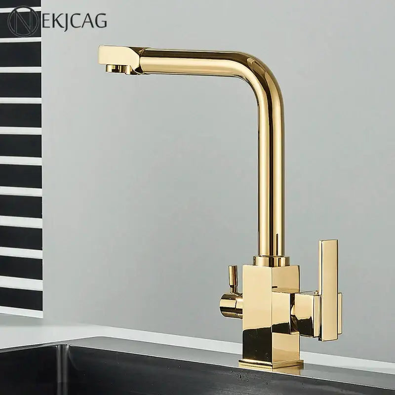 Modern dual outlet gold kitchen faucet with sleek angular design and brushed metal finish by decorbites dual outlet