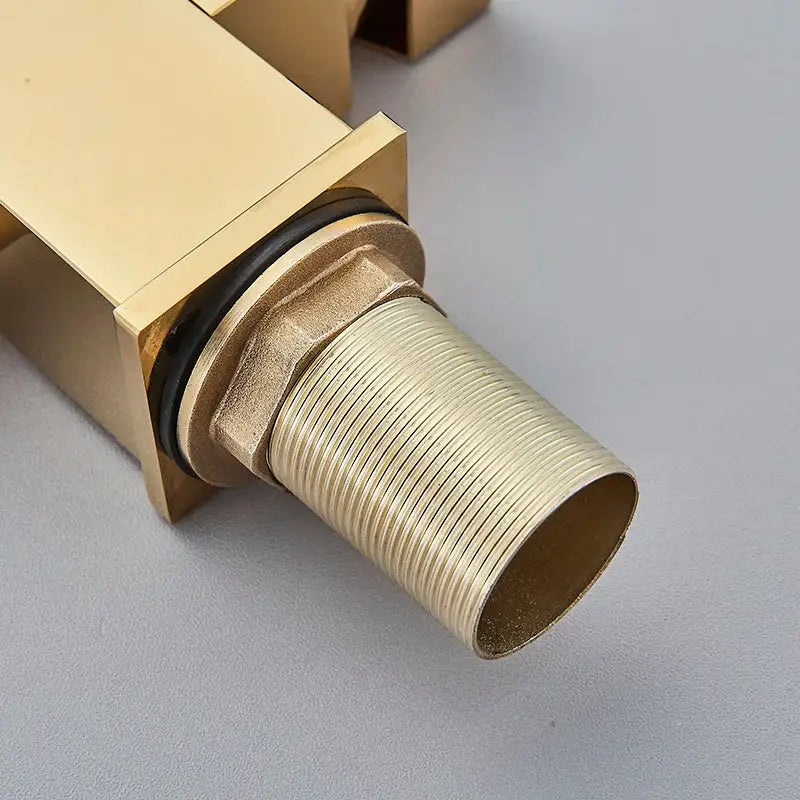 Modern dual outlet gold kitchen faucet with threaded brass spout and black seal from decorbites dual outlet gold series