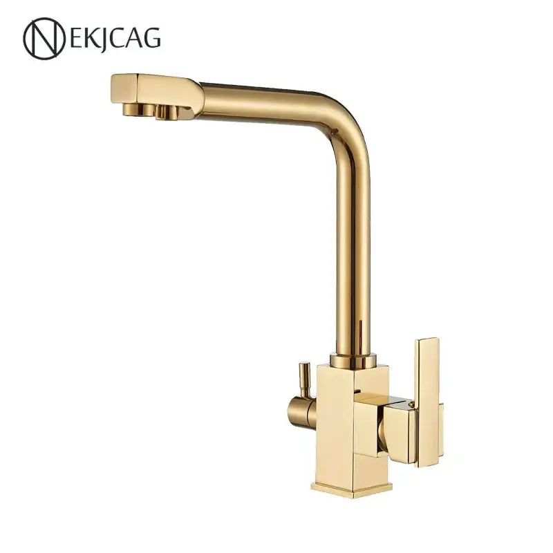Modern dual outlet gold kitchen faucet with sleek angular design and two handles featuring decorbites dual outlet