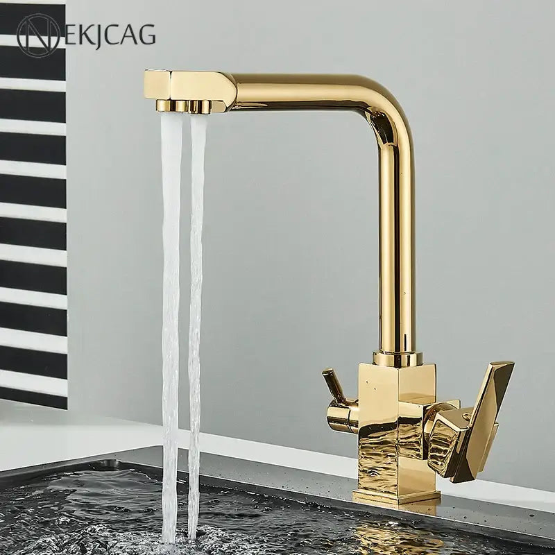 Modern dual outlet gold kitchen faucet with sleek angular design and dual handles from decorbites dual outlet series