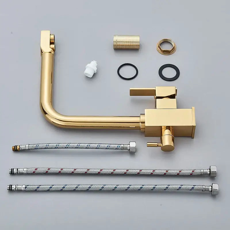 Modern dual outlet gold kitchen faucet in gold-finished brass with purified water outlet and decorbites dual outlet design