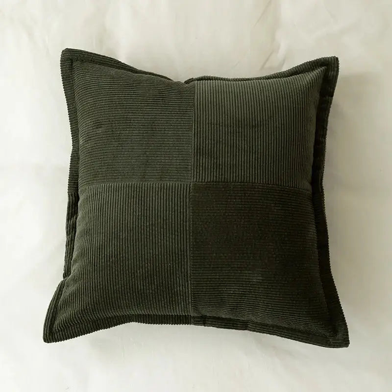 Dark green patchwork corduroy pillow cover with four quadrants for modern earth tone living room decorbites corduroy pillow
