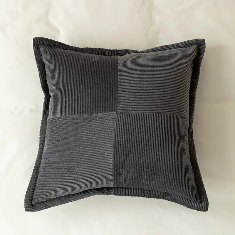 Modern earth tone dark gray corduroy pillow cover with quilted patchwork design for living room decorbites corduroy pillow